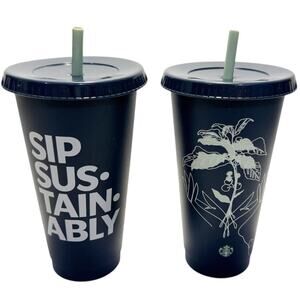 Starbucks Earth Day Set of 2 16oz Blue “Sip Sustainably” Reusable Cold Cups